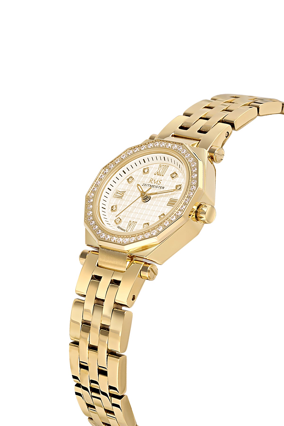 RMS Zeitmeister AG2056.05 women's watch with gold dial, gold-tone case and stainless steel bracelet – angled view