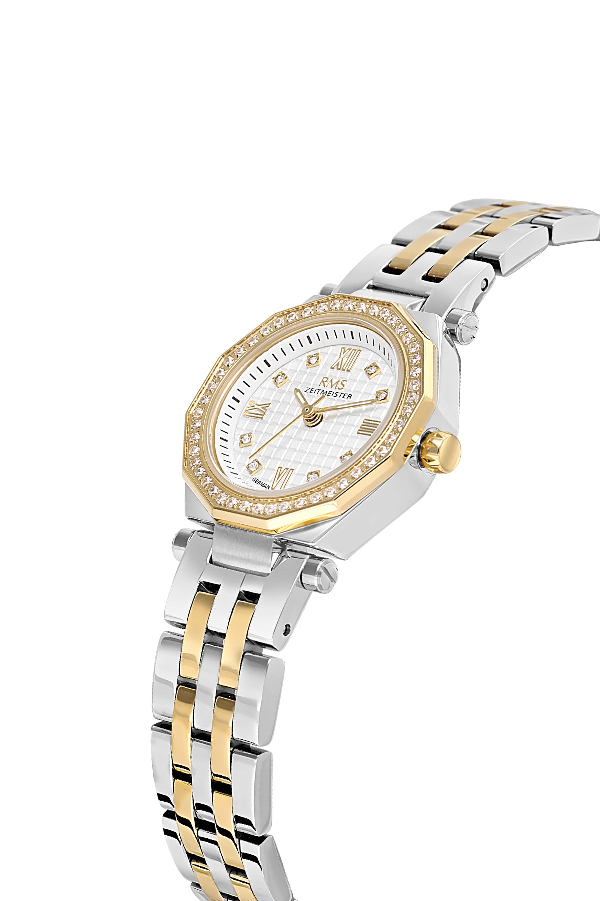 RMS Zeitmeister AG2056.06 women's watch with white dial, two-tone case and stainless steel bracelet – angled view