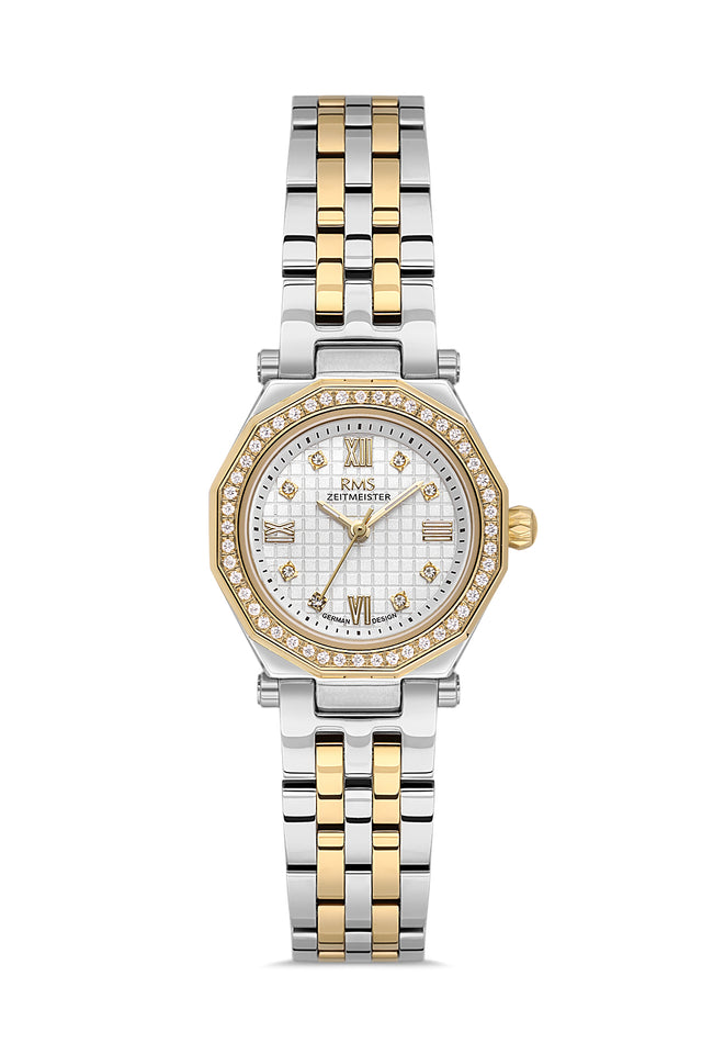 RMS Zeitmeister AG2056.06 women's watch with white dial, two-tone case and stainless steel bracelet – front view