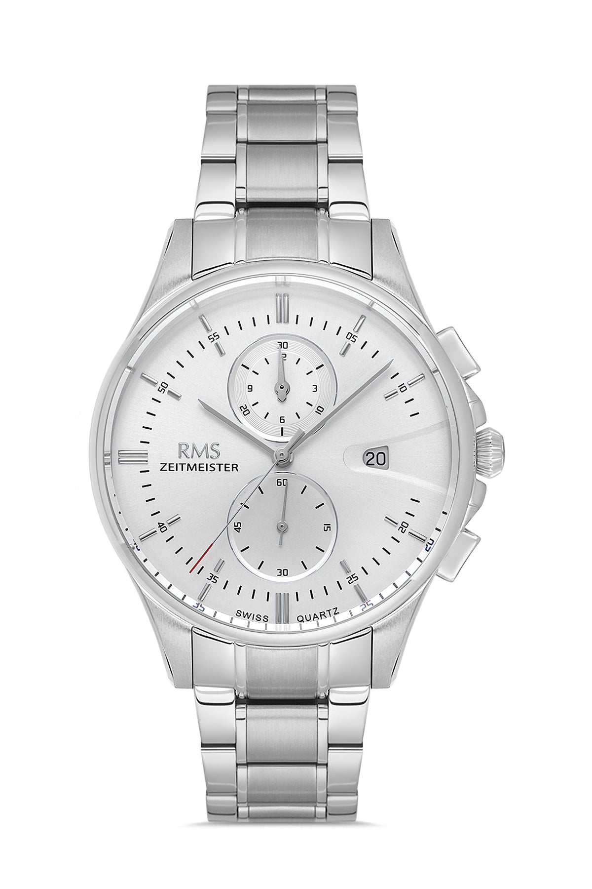 RMS Zeitmeister AG2074.01 men's chronograph watch with silver dial, silver-tone case and stainless steel bracelet – front view