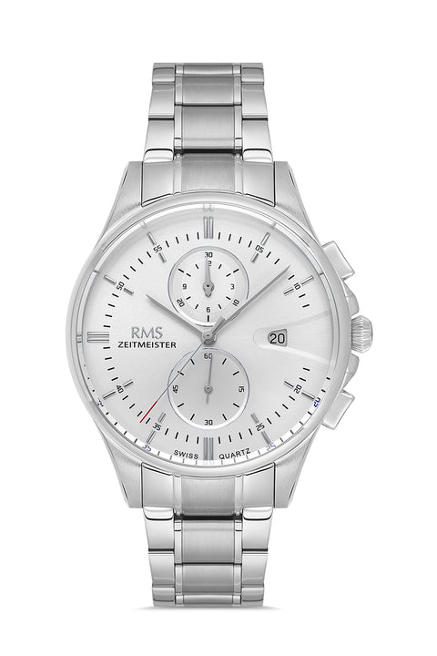 RMS Zeitmeister AG2074.01 men's chronograph watch with silver dial, silver-tone case and stainless steel bracelet – front view