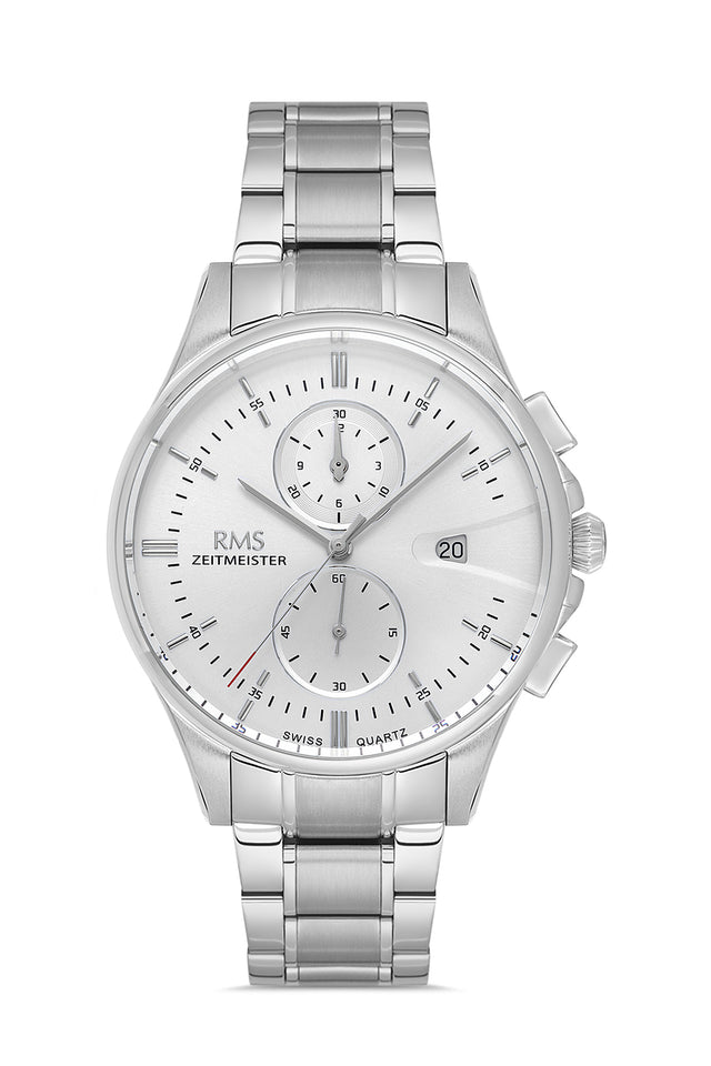 RMS Zeitmeister AG2074.01 men's chronograph watch with silver dial, silver-tone case and stainless steel bracelet – front view