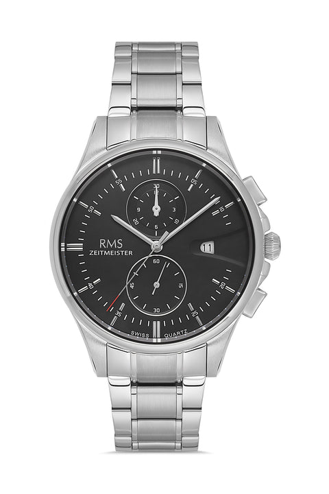 RMS Zeitmeister AG2074.02 men's chronograph watch with black dial, silver-tone case and stainless steel bracelet – front view