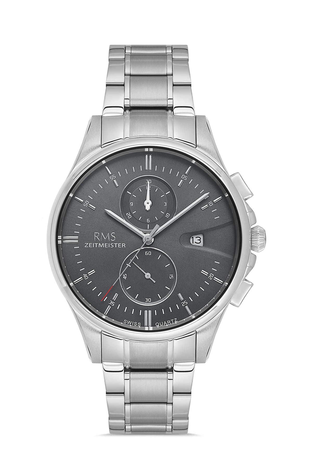 RMS Zeitmeister AG2074.03 men's chronograph watch with gray dial, silver-tone case and stainless steel bracelet – front view