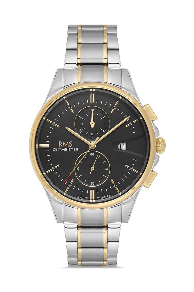 RMS Zeitmeister AG2074.06 men's chronograph watch with black dial, two-tone case and stainless steel bracelet – front view