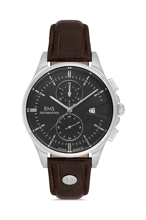 RMS Zeitmeister AG2075.02 men's chronograph watch with black dial, silver-tone case and brown genuine leather strap – front view
