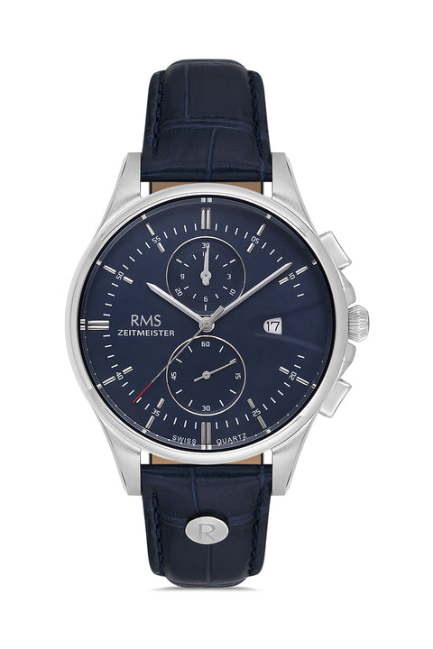 RMS Zeitmeister AG2075.03 men's chronograph watch with blue dial, silver-tone case and blue genuine leather strap – front view