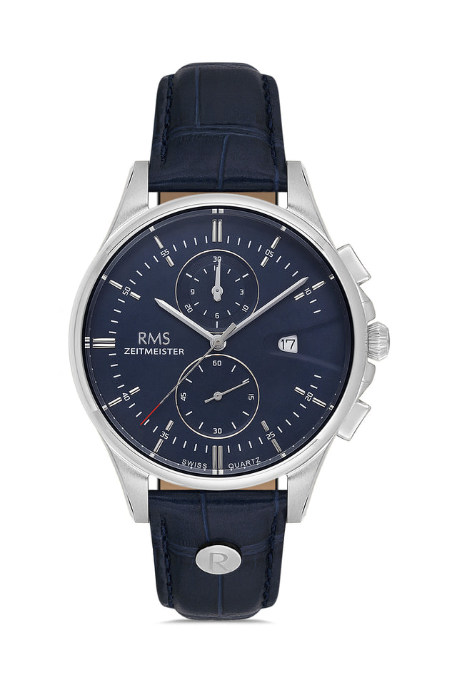 RMS Zeitmeister AG2075.03 men's chronograph watch with blue dial, silver-tone case and blue genuine leather strap – front view