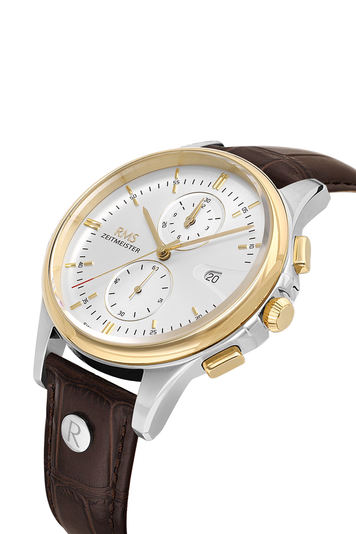 RMS Zeitmeister AG2075.04 men's chronograph watch with silver dial, two-tone case and brown genuine leather strap – angled view