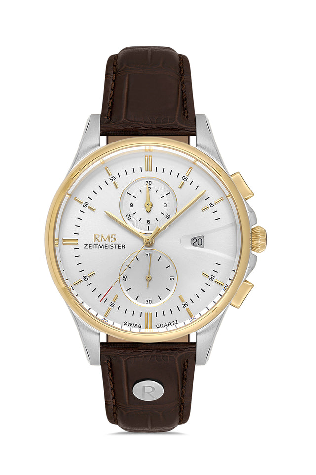 RMS Zeitmeister AG2075.04 men's chronograph watch with silver dial, two-tone case and brown genuine leather strap – front view