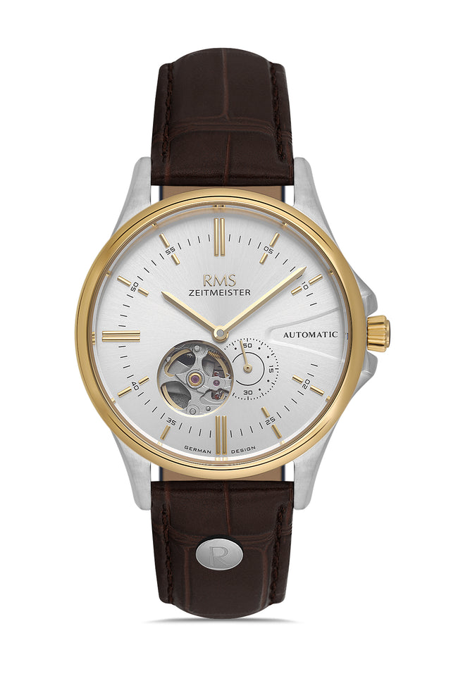RMS Zeitmeister AG2077.04 men's automatic watch with silver dial, two-tone case and brown genuine leather strap – front view