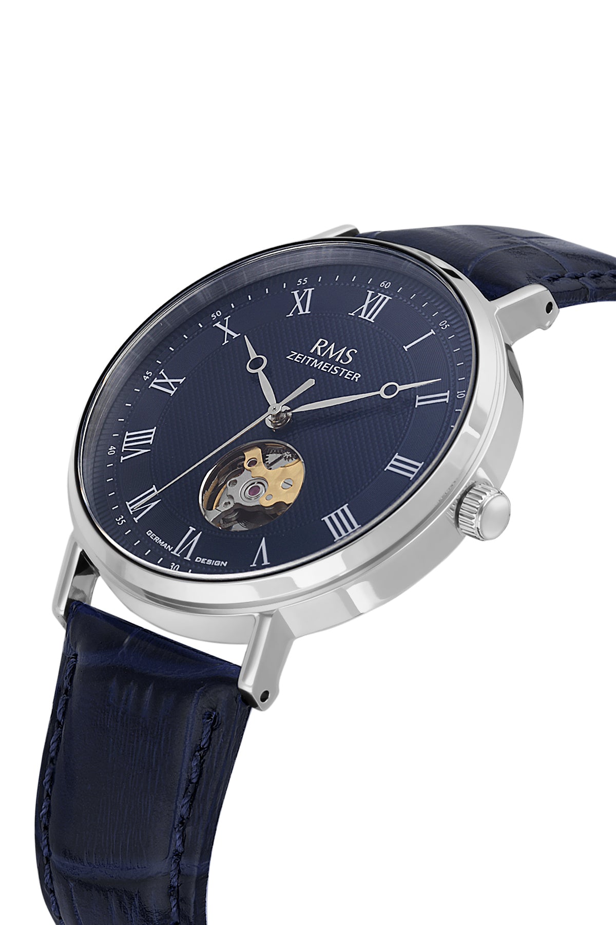 RMS Zeitmeister AG2091.103 men's automatic watch with blue dial, silver-tone case and blue genuine leather strap – angled view