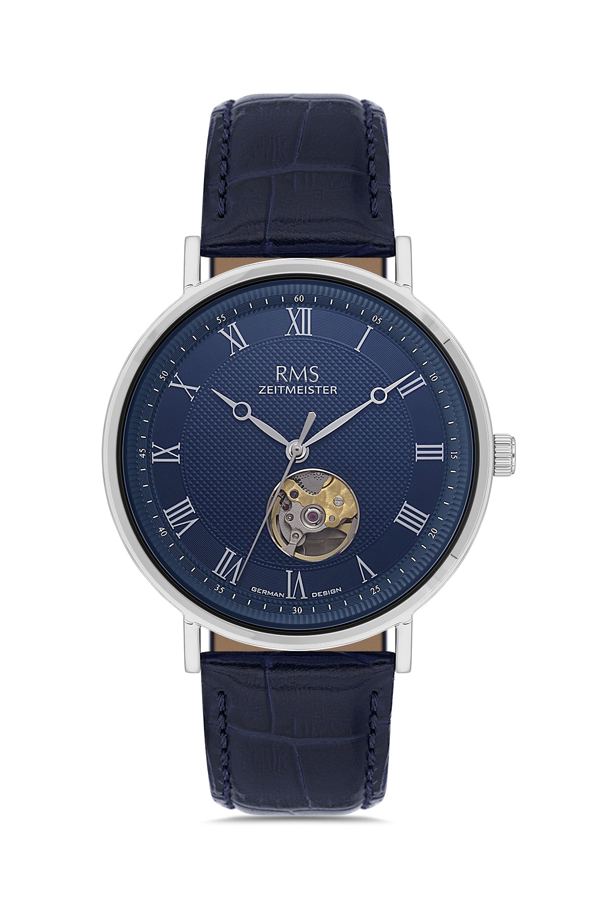RMS Zeitmeister AG2091.103 men's automatic watch with blue dial, silver-tone case and blue genuine leather strap – front view
