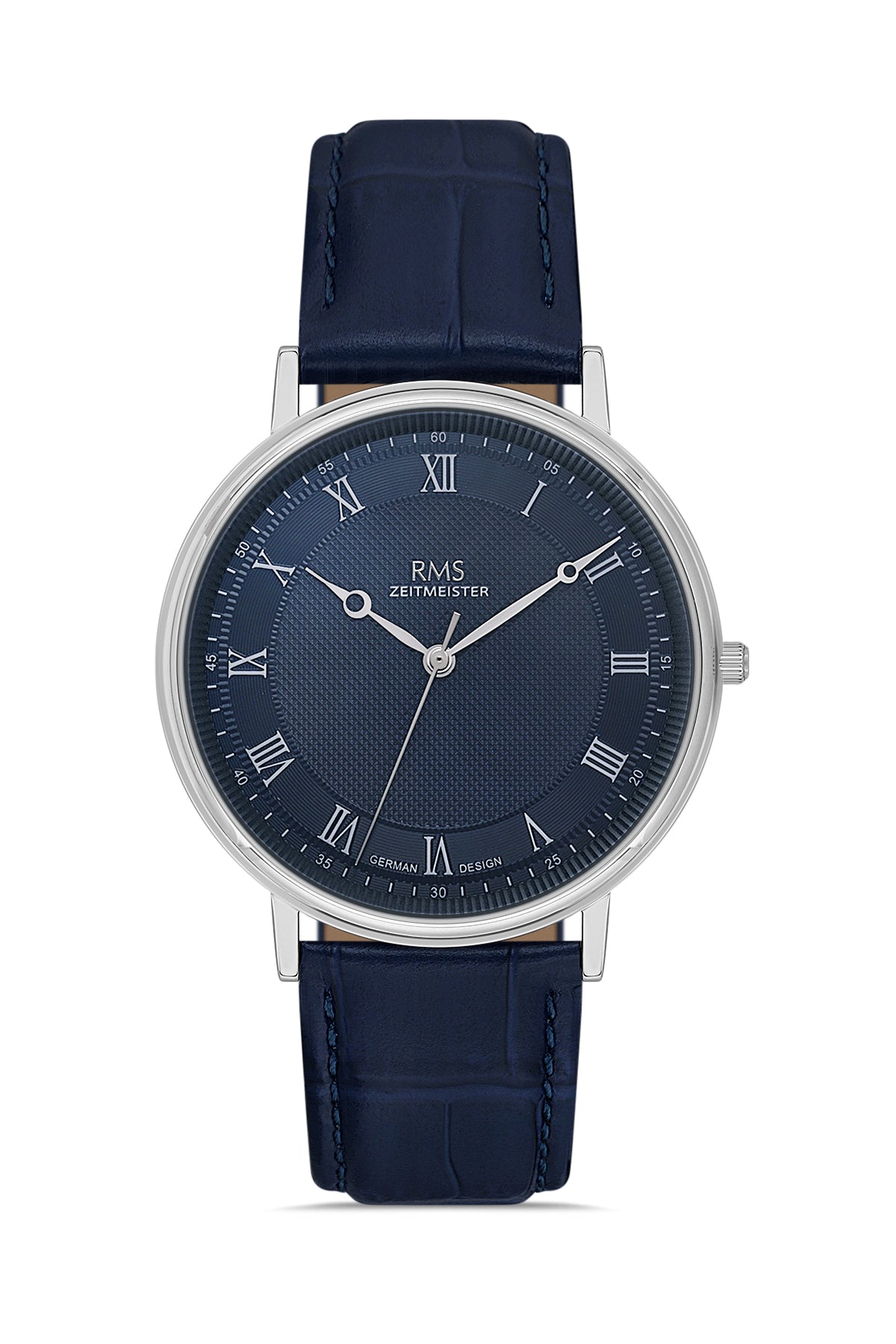 RMS Zeitmeister AG2091.103-WA58 men's watch with blue dial, silver-tone case and blue genuine leather strap – front view