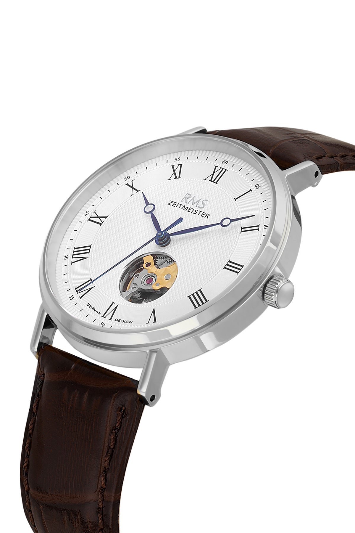 RMS Zeitmeister AG2091.110 men's automatic watch with white dial, silver-tone case and brown genuine leather strap – angled view