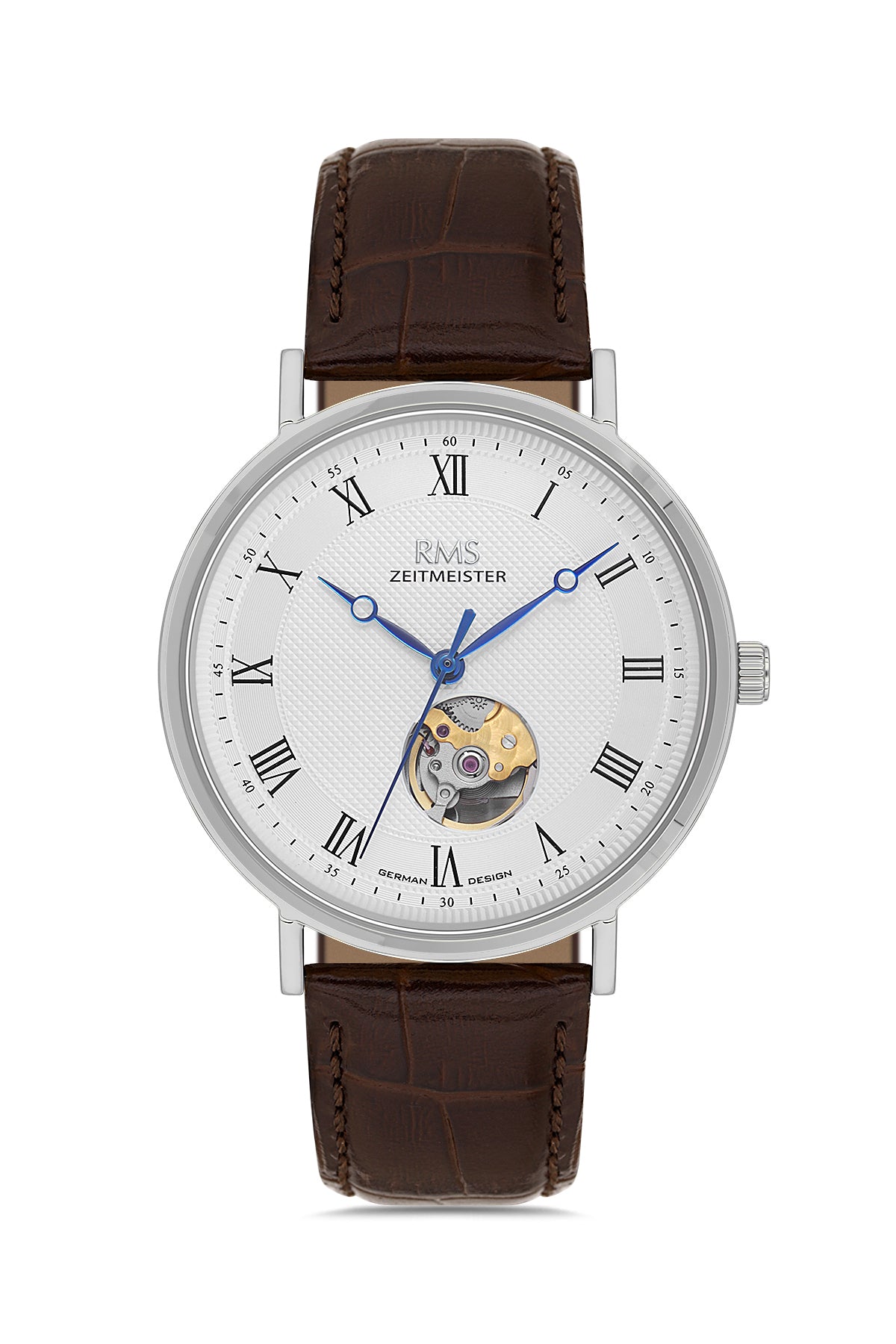 RMS Zeitmeister AG2091.110 men's automatic watch with white dial, silver-tone case and brown genuine leather strap – front view