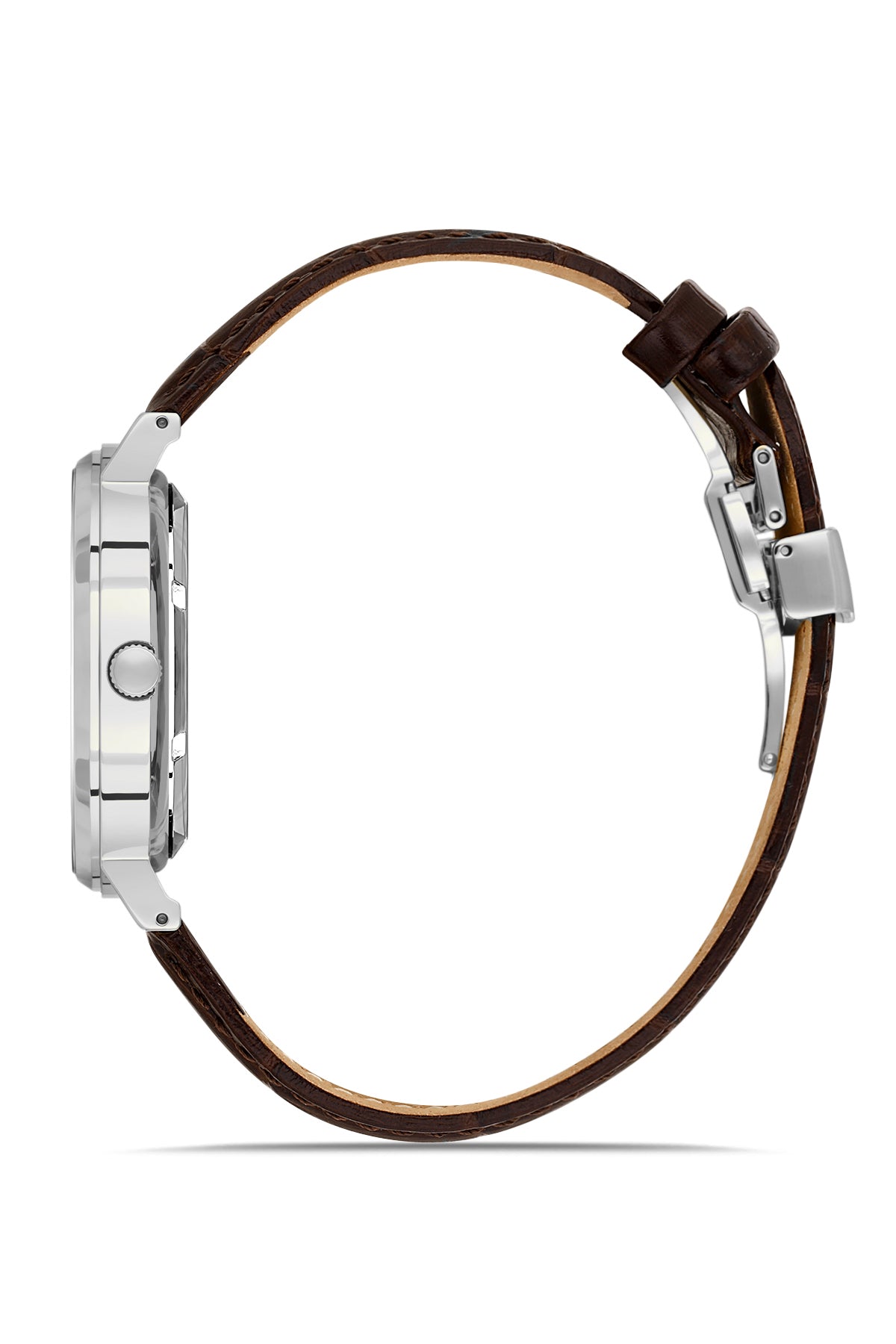RMS Zeitmeister AG2091.110 men's automatic watch with white dial, silver-tone case and brown genuine leather strap – side view