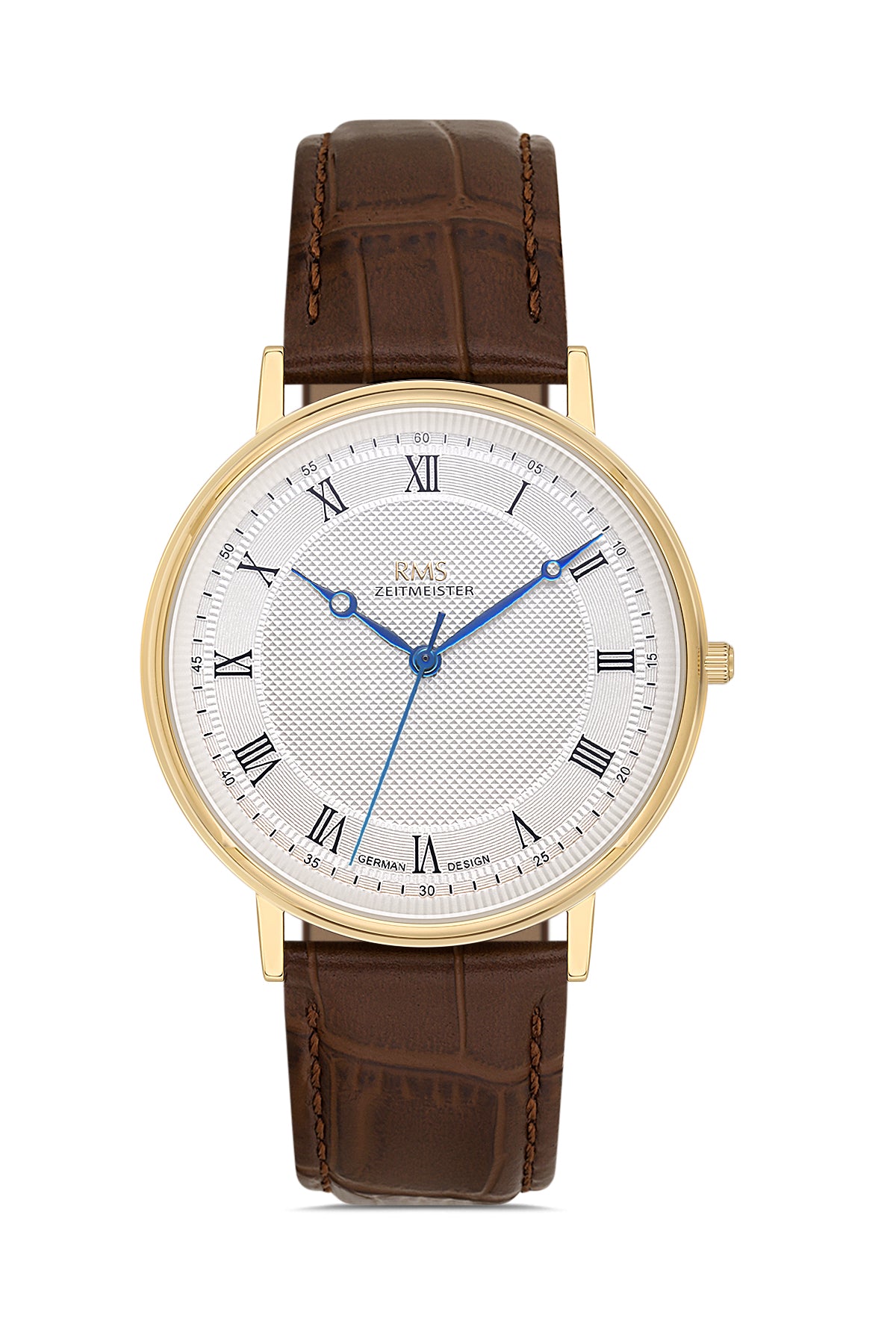 RMS Zeitmeister AG2091.160-GA22 men's watch with white dial, gold-tone case and brown genuine leather strap – front view