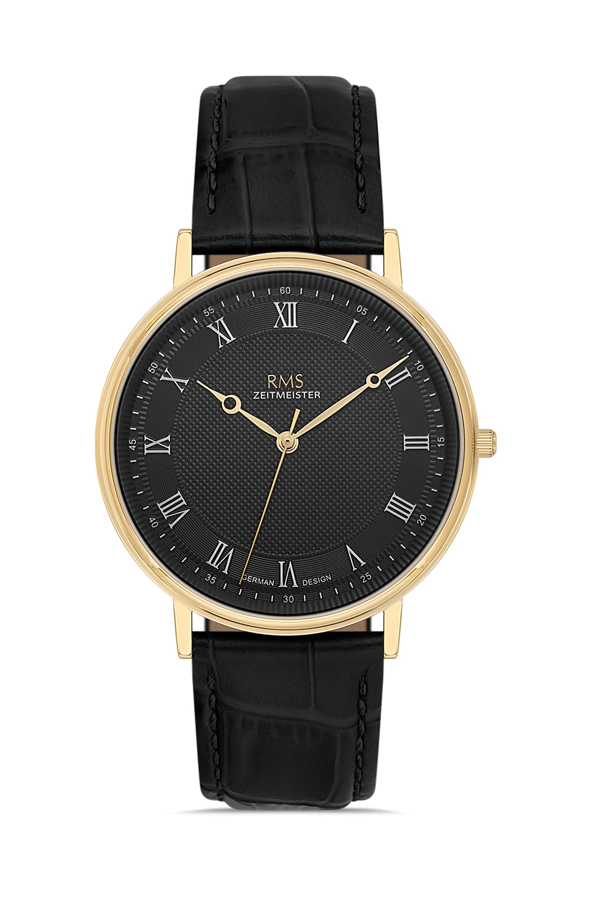 RMS Zeitmeister AG2091.172-GA31 men's watch with black dial, gold-tone case and black genuine leather strap – front view