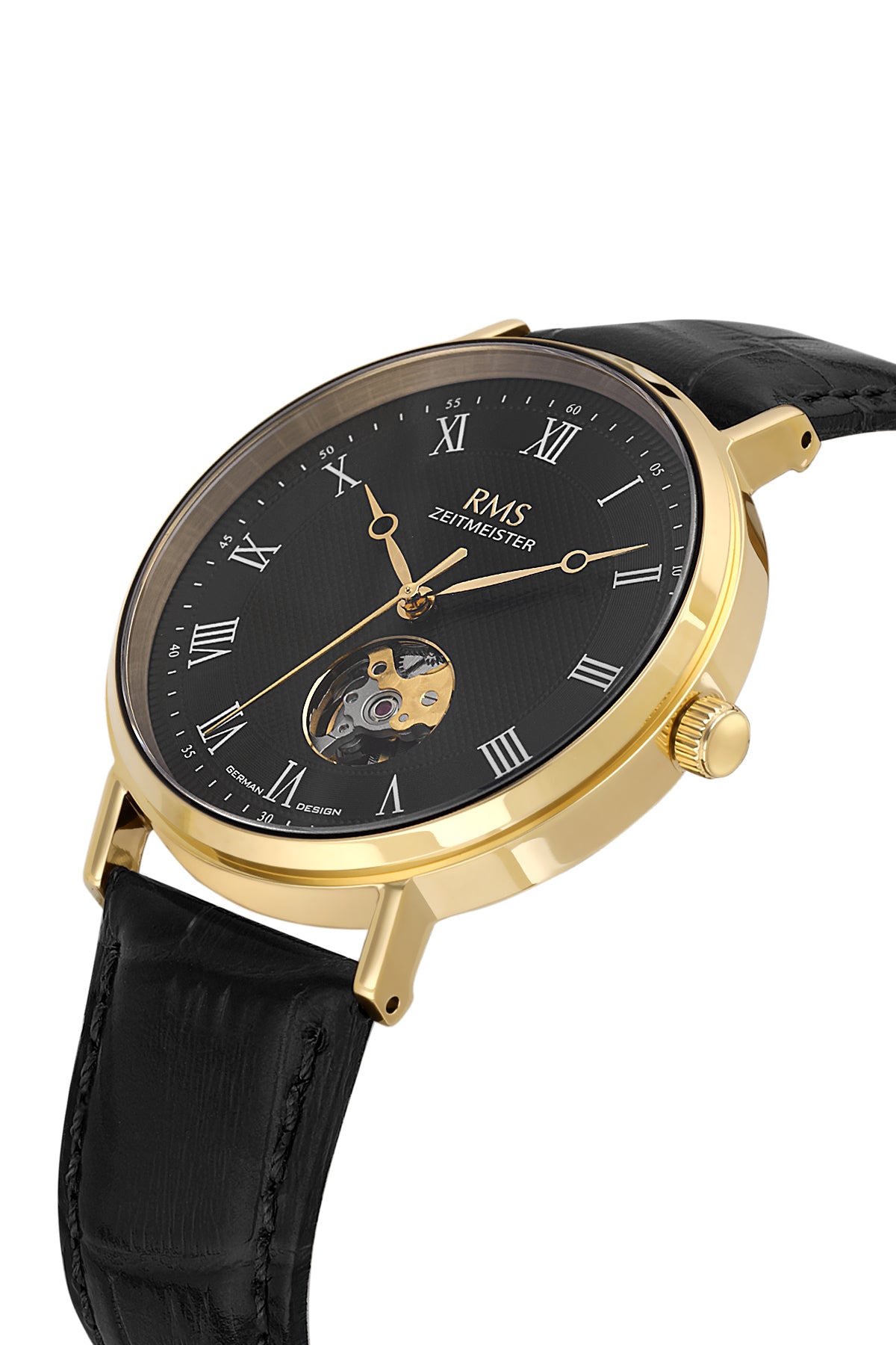 RMS Zeitmeister AG2091.172 men's automatic watch with black dial, gold-tone case and black genuine leather strap – angled view