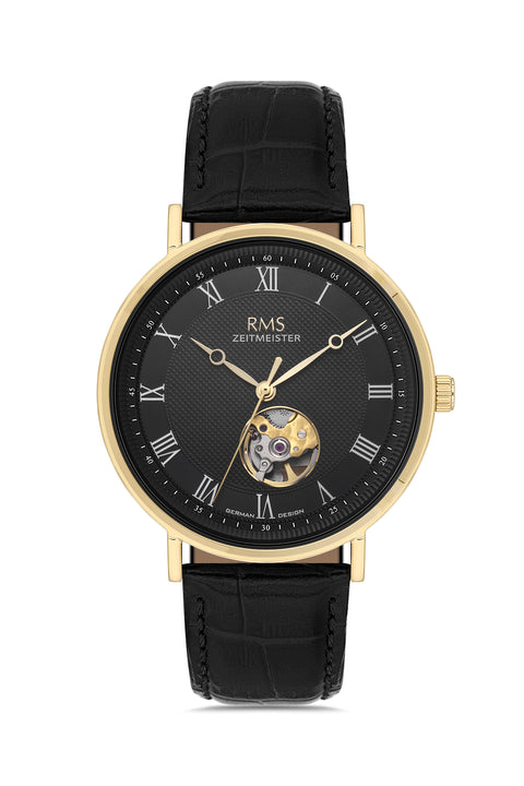RMS Zeitmeister AG2091.172 men's automatic watch with black dial, gold-tone case and black genuine leather strap – front view