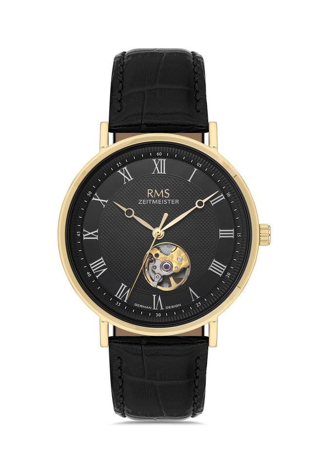 RMS Zeitmeister AG2091.172 men's automatic watch with black dial, gold-tone case and black genuine leather strap – front view