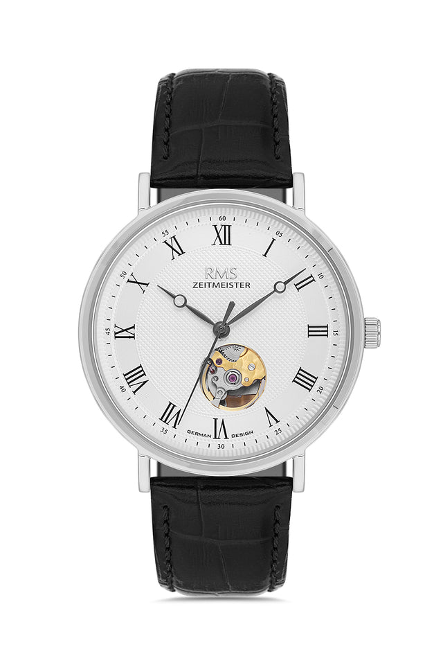 RMS Zeitmeister AG2091.90 men's automatic watch with white dial, silver-tone case and black genuine leather strap – front view
