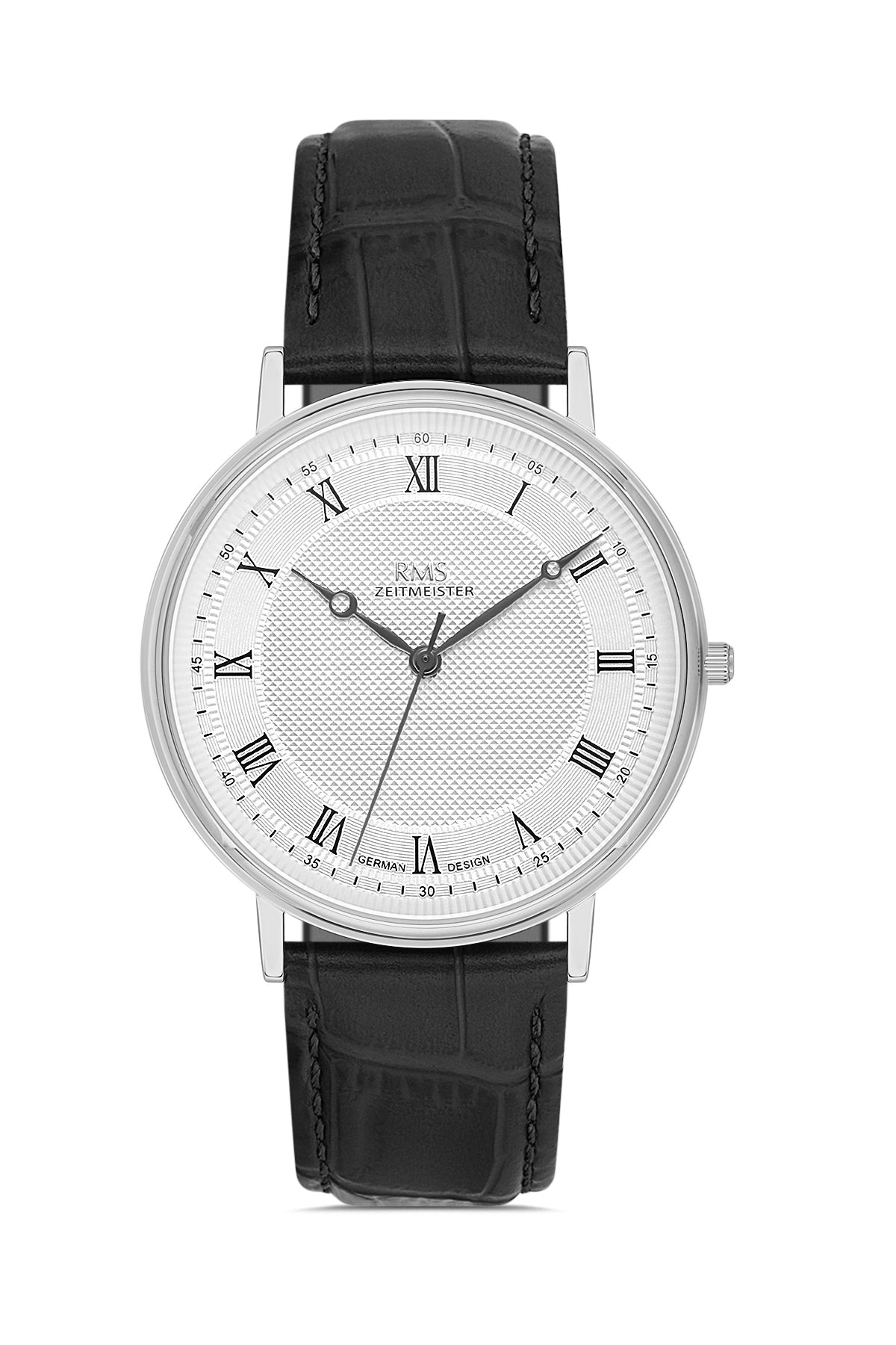 RMS Zeitmeister AG2091.90-WA21 men's watch with white dial, silver-tone case and black genuine leather strap – front view