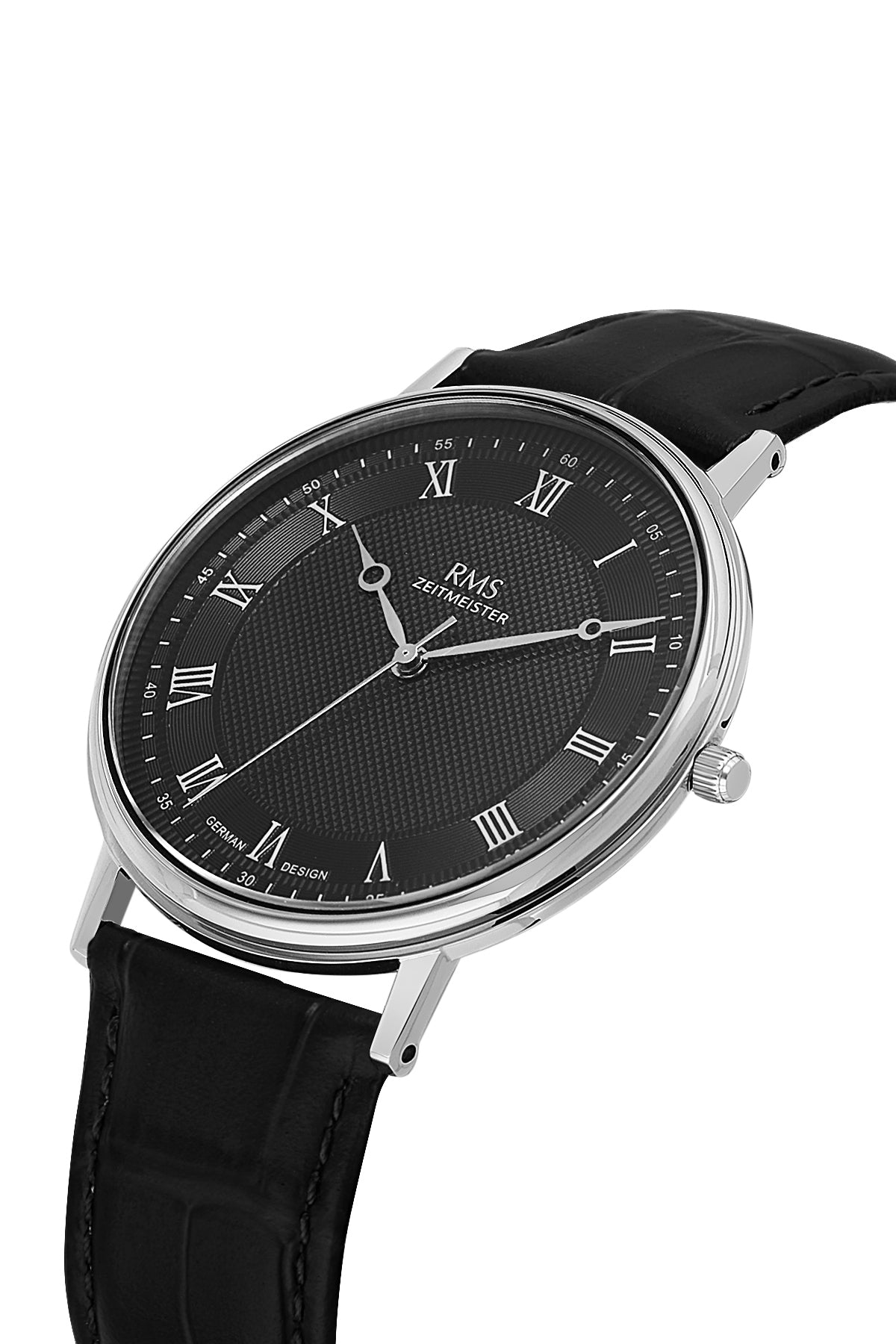 RMS Zeitmeister AG2091.92-WA31 men's watch with black dial, silver-tone case and black genuine leather strap – angled view