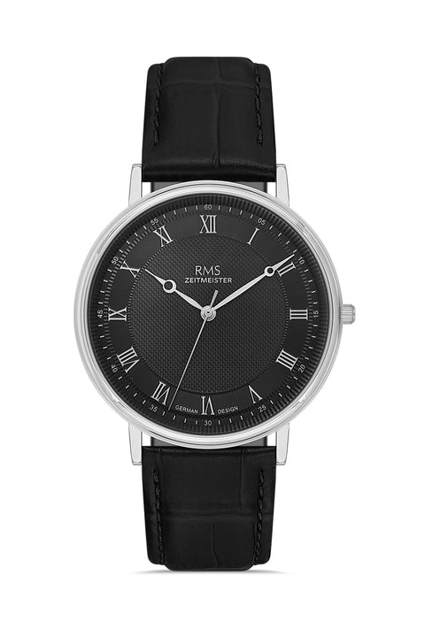RMS Zeitmeister AG2091.92-WA31 men's watch with black dial, silver-tone case and black genuine leather strap – front view