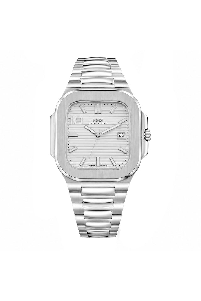 RMS Zeitmeister AG2099.10 men's watch with white dial, silver-tone case and stainless steel bracelet – front view