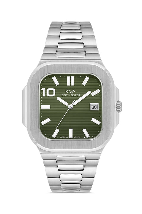 RMS Zeitmeister AG2099.110 men's watch with green dial, silver-tone case and stainless steel bracelet – front view