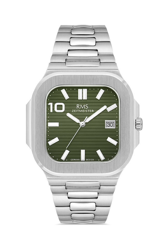 RMS Zeitmeister AG2099.110 men's watch with green dial, silver-tone case and stainless steel bracelet – front view