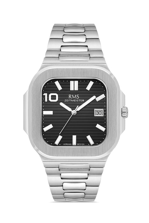RMS Zeitmeister AG2099.12 men's watch with black dial, silver-tone case and stainless steel bracelet – front view