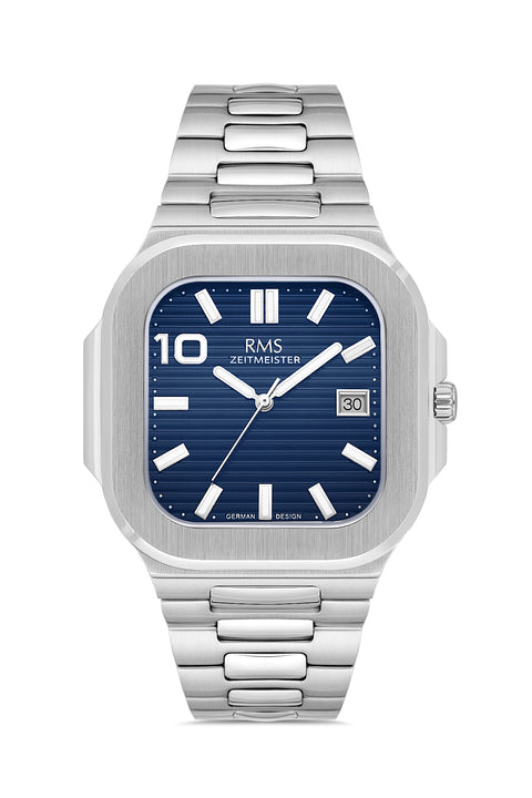 RMS Zeitmeister AG2099.13 men's watch with blue dial, silver-tone case and stainless steel bracelet – front view