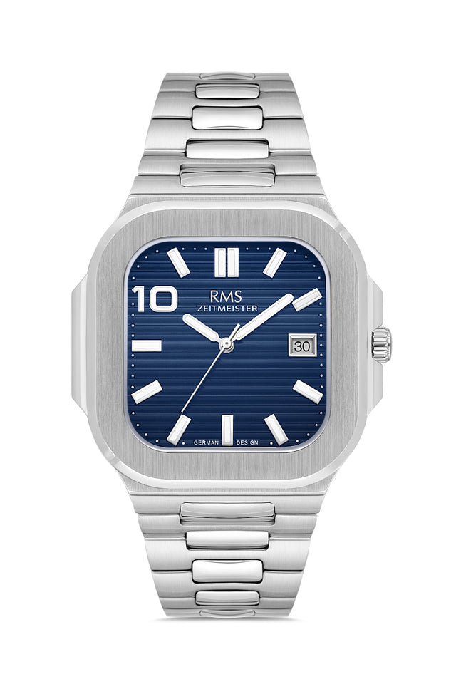 RMS Zeitmeister AG2099.13 men's watch with blue dial, silver-tone case and stainless steel bracelet – front view