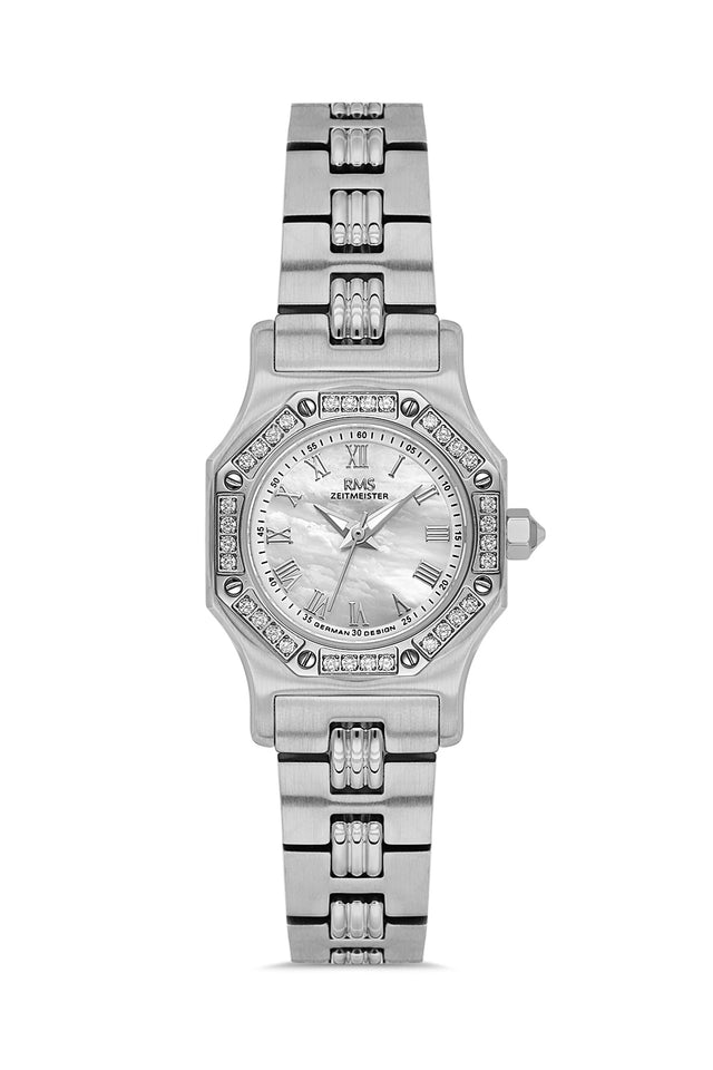 RMS Zeitmeister AG2107.10 women's watch with white mother-of-pearl dial, silver-tone case and stainless steel bracelet – front view