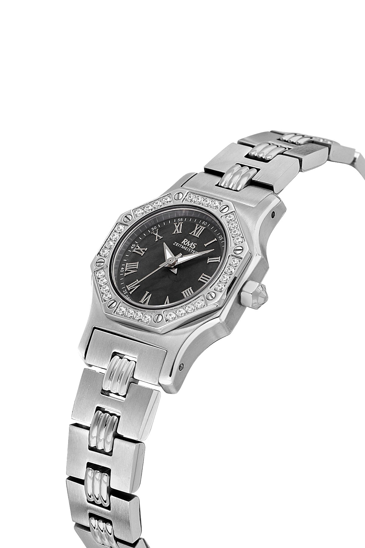 RMS Zeitmeister AG2107.12 women's watch with black mother-of-pearl dial, silver-tone case and stainless steel bracelet – angled view