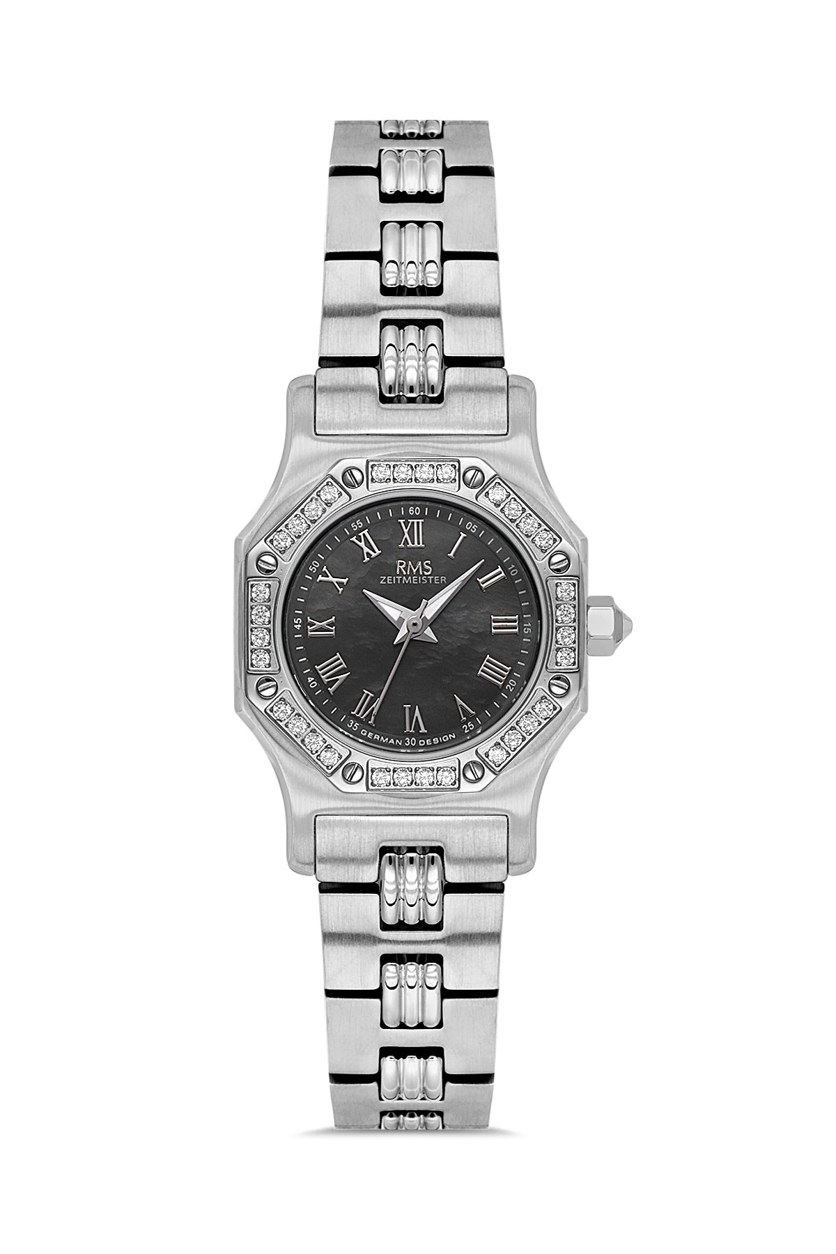 RMS Zeitmeister AG2107.12 women's watch with black mother-of-pearl dial, silver-tone case and stainless steel bracelet – front view