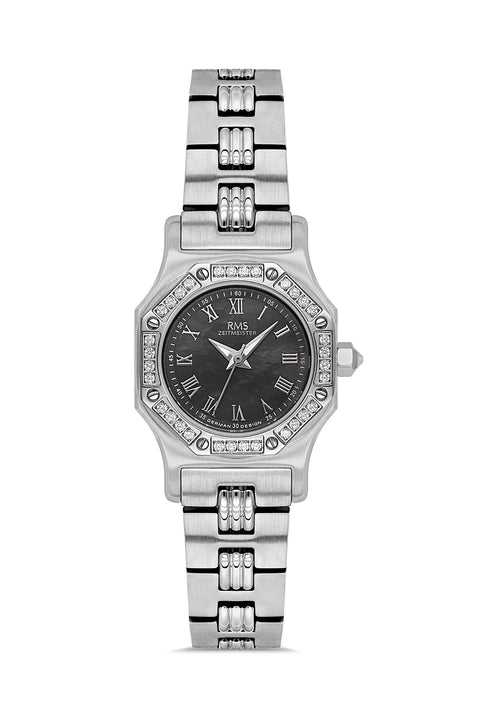RMS Zeitmeister AG2107.12 women's watch with black mother-of-pearl dial, silver-tone case and stainless steel bracelet – front view