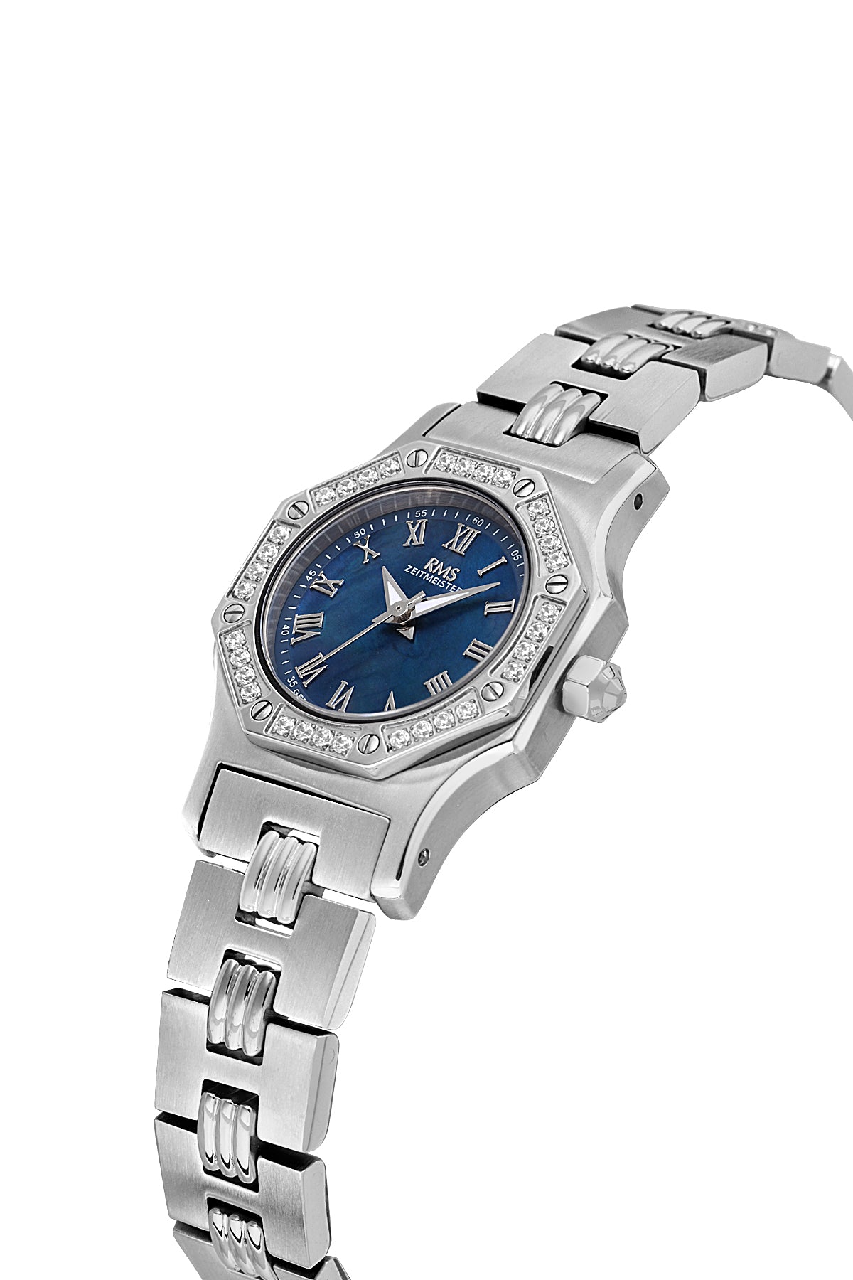 RMS Zeitmeister AG2107.13 women's watch with blue mother-of-pearl dial, silver-tone case and stainless steel bracelet – angled view