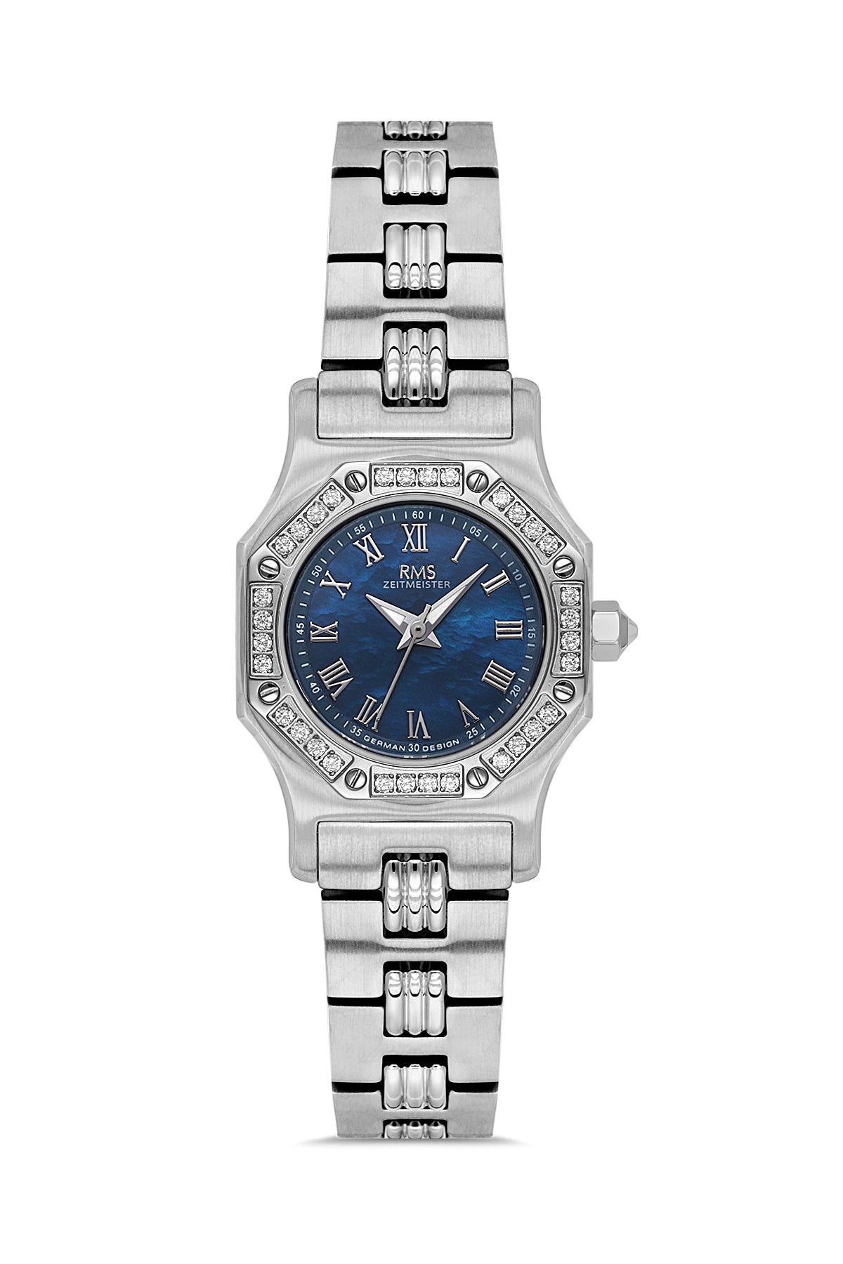RMS Zeitmeister AG2107.13 women's watch with blue mother-of-pearl dial, silver-tone case and stainless steel bracelet – front view