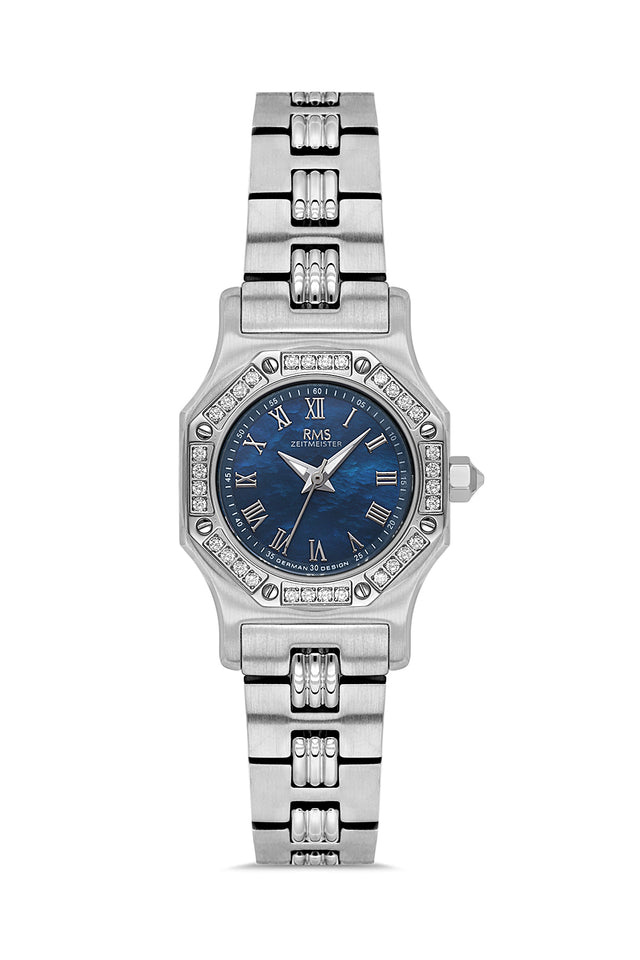 RMS Zeitmeister AG2107.13 women's watch with blue mother-of-pearl dial, silver-tone case and stainless steel bracelet – front view
