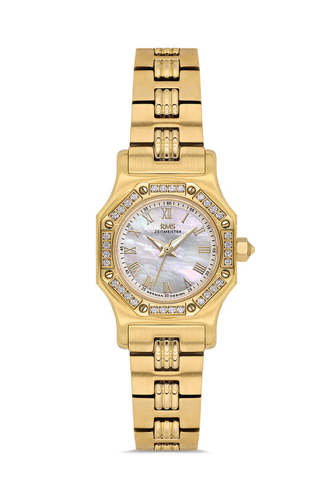 RMS Zeitmeister AG2107.21 women's watch with white mother-of-pearl dial, gold-tone case and stainless steel bracelet – front view
