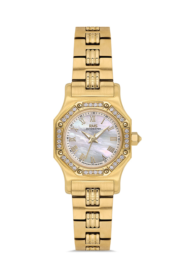 RMS Zeitmeister AG2107.21 women's watch with white mother-of-pearl dial, gold-tone case and stainless steel bracelet – front view