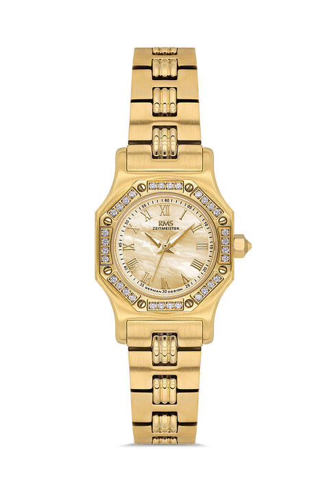 RMS Zeitmeister AG2107.25 women's watch with gold mother-of-pearl dial, gold-tone case and stainless steel bracelet – front view