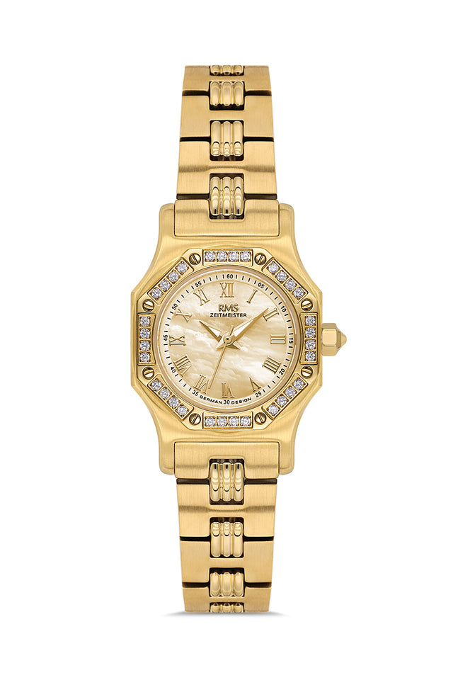 RMS Zeitmeister AG2107.25 women's watch with gold mother-of-pearl dial, gold-tone case and stainless steel bracelet – front view