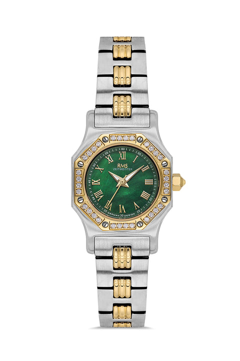 RMS Zeitmeister AG2107.49 women's watch with green mother-of-pearl dial, two-tone case and stainless steel bracelet – front view