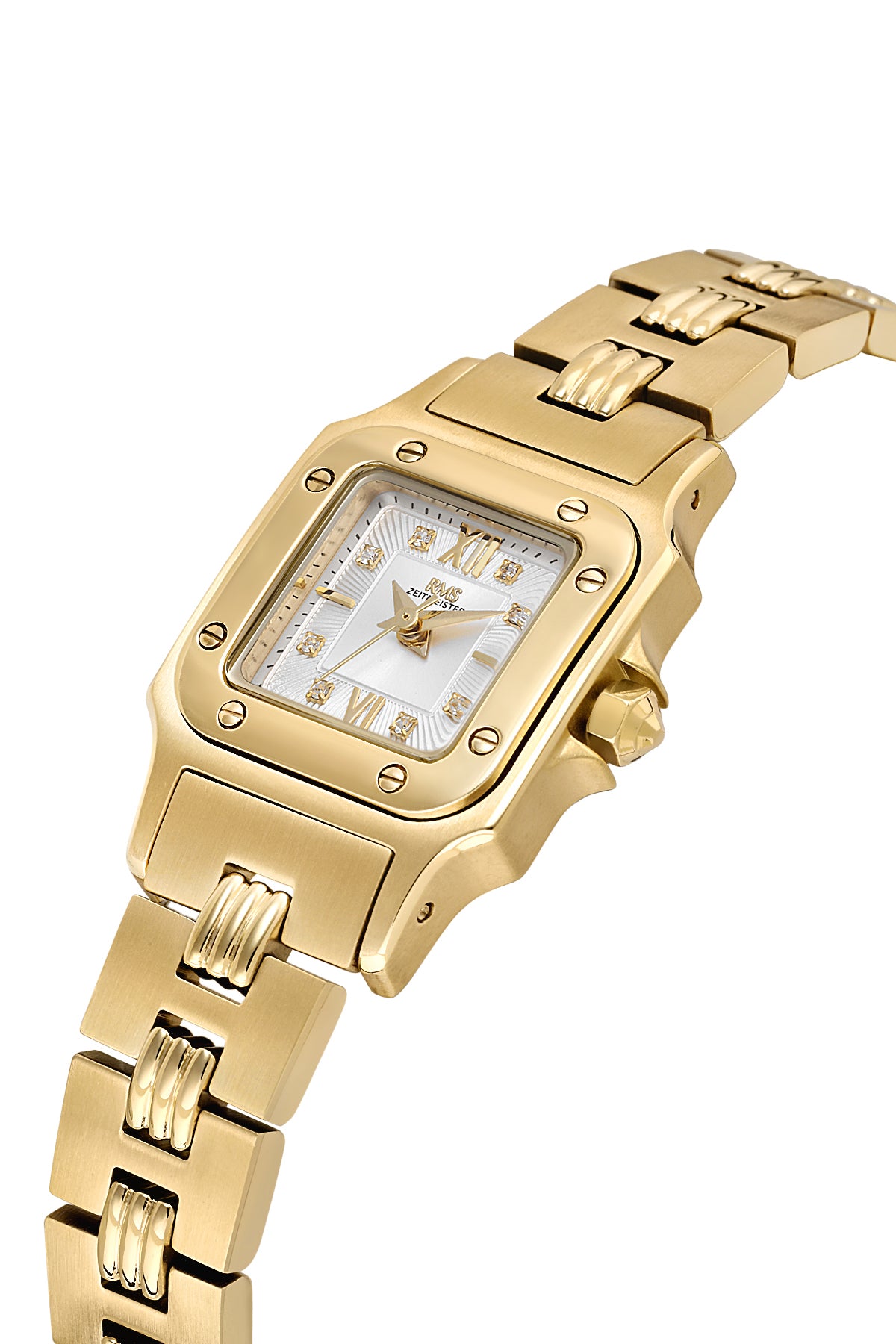 RMS Zeitmeister AG2108.21 women's watch with silver dial, gold-tone case and stainless steel bracelet – angled view