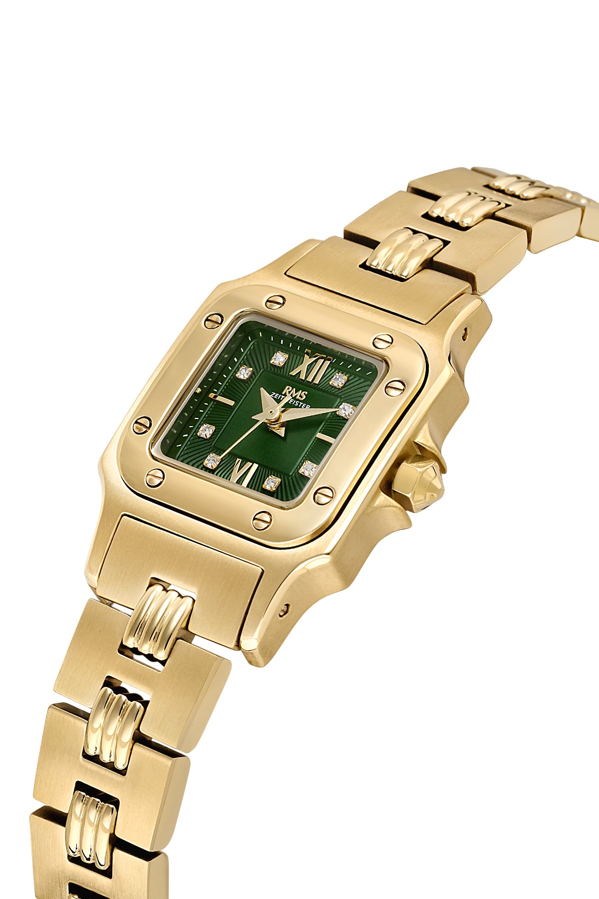 RMS Zeitmeister AG2108.29 women's watch with green dial, gold-tone case and stainless steel bracelet – angled view